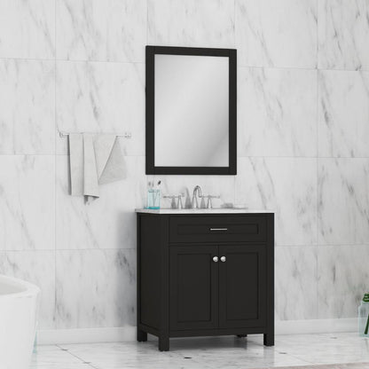 Alya Bath Norwalk 30" Single Espresso Freestanding Bathroom Vanity With Carrara Marble Top, Ceramic Sink and Wall Mounted Mirror