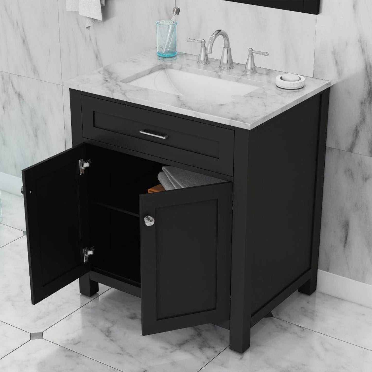 Alya Bath Norwalk 30" Single Espresso Freestanding Bathroom Vanity With Carrara Marble Top, Ceramic Sink and Wall Mounted Mirror