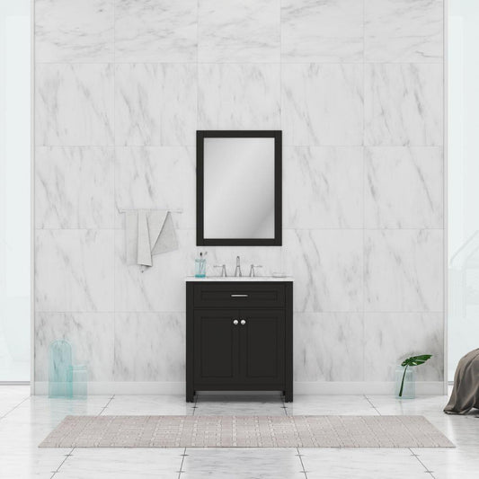 Alya Bath Norwalk 30" Single Espresso Freestanding Bathroom Vanity With Carrara Marble Top, Ceramic Sink and Wall Mounted Mirror