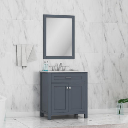 Alya Bath Norwalk 30" Single Gray Freestanding Bathroom Vanity With Carrara Marble Top, Ceramic Sink and Wall Mounted Mirror
