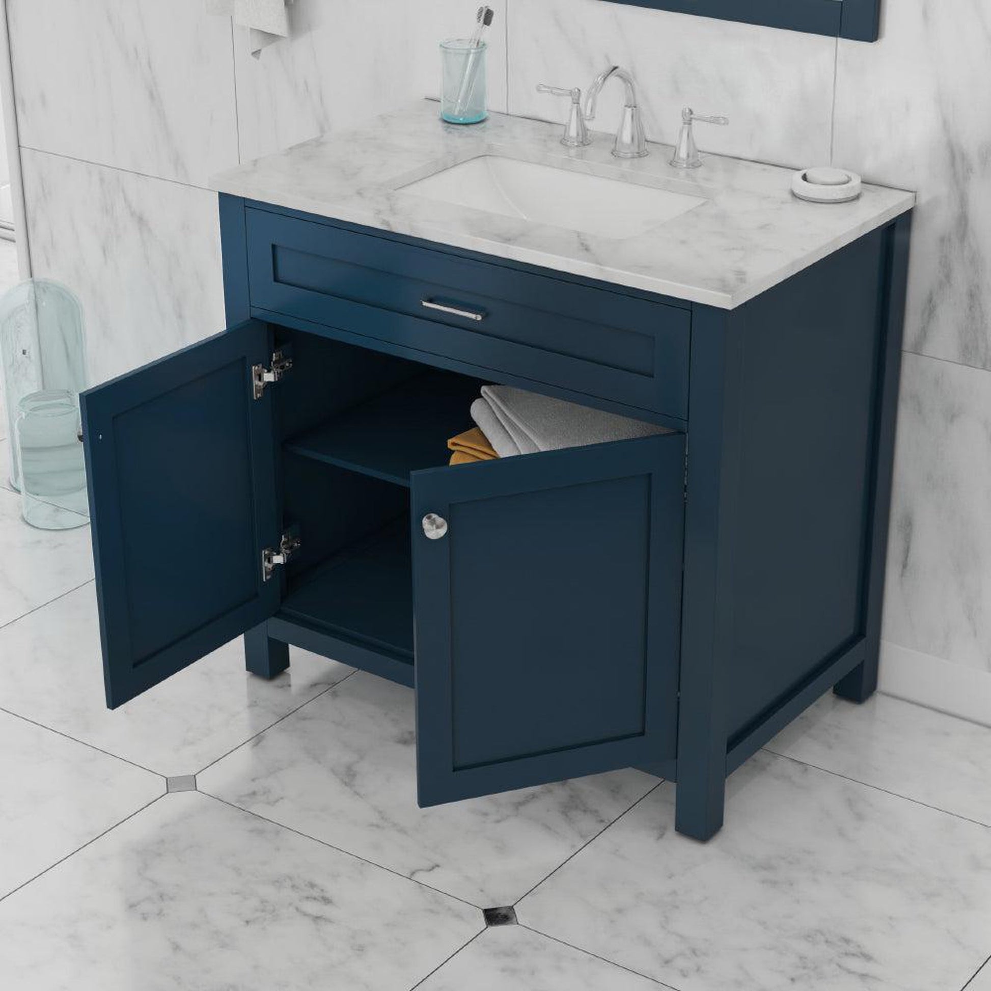 Alya Bath Norwalk 36" Single Blue Freestanding Bathroom Vanity With Carrara Marble Top, Ceramic Sink and Wall Mounted Mirror