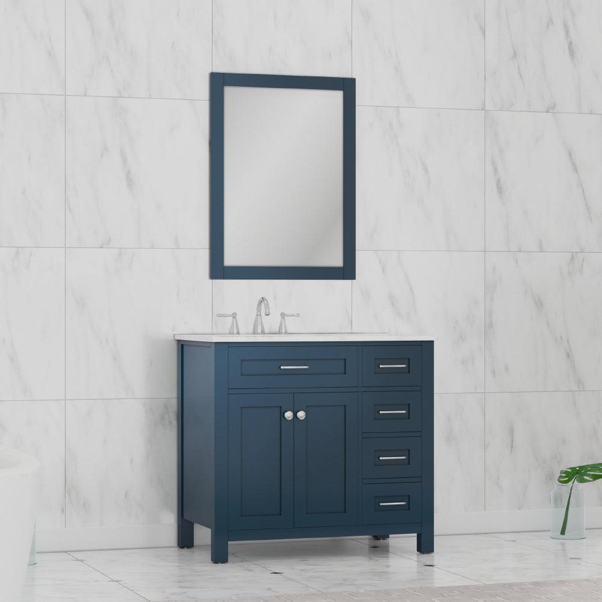 Alya Bath Norwalk 36" Single Blue Freestanding Single Bathroom Vanity With Drawers, Carrara Marble Top and Ceramic Sink and Wall Mounted Mirror