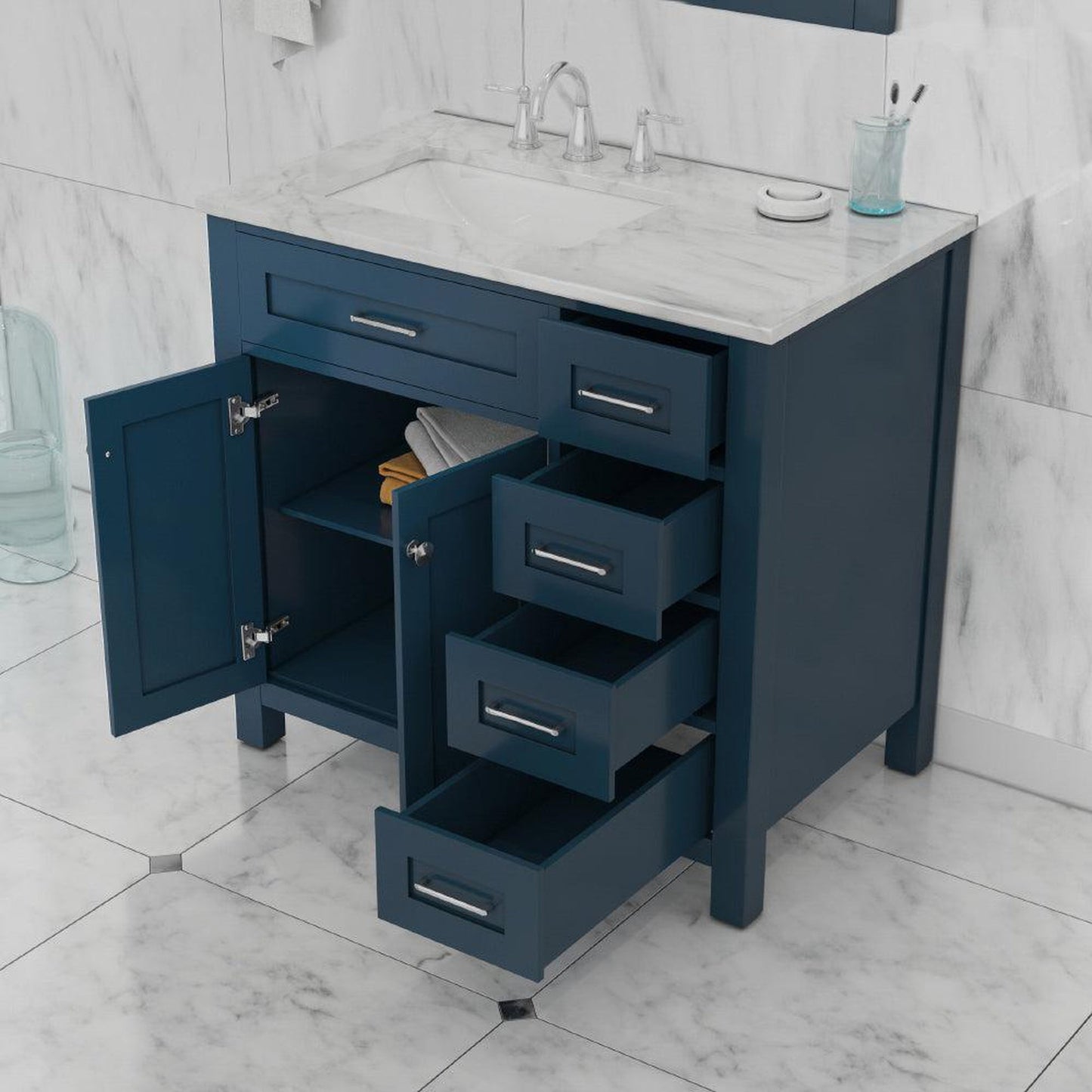 Alya Bath Norwalk 36" Single Blue Freestanding Single Bathroom Vanity With Drawers, Carrara Marble Top and Ceramic Sink and Wall Mounted Mirror