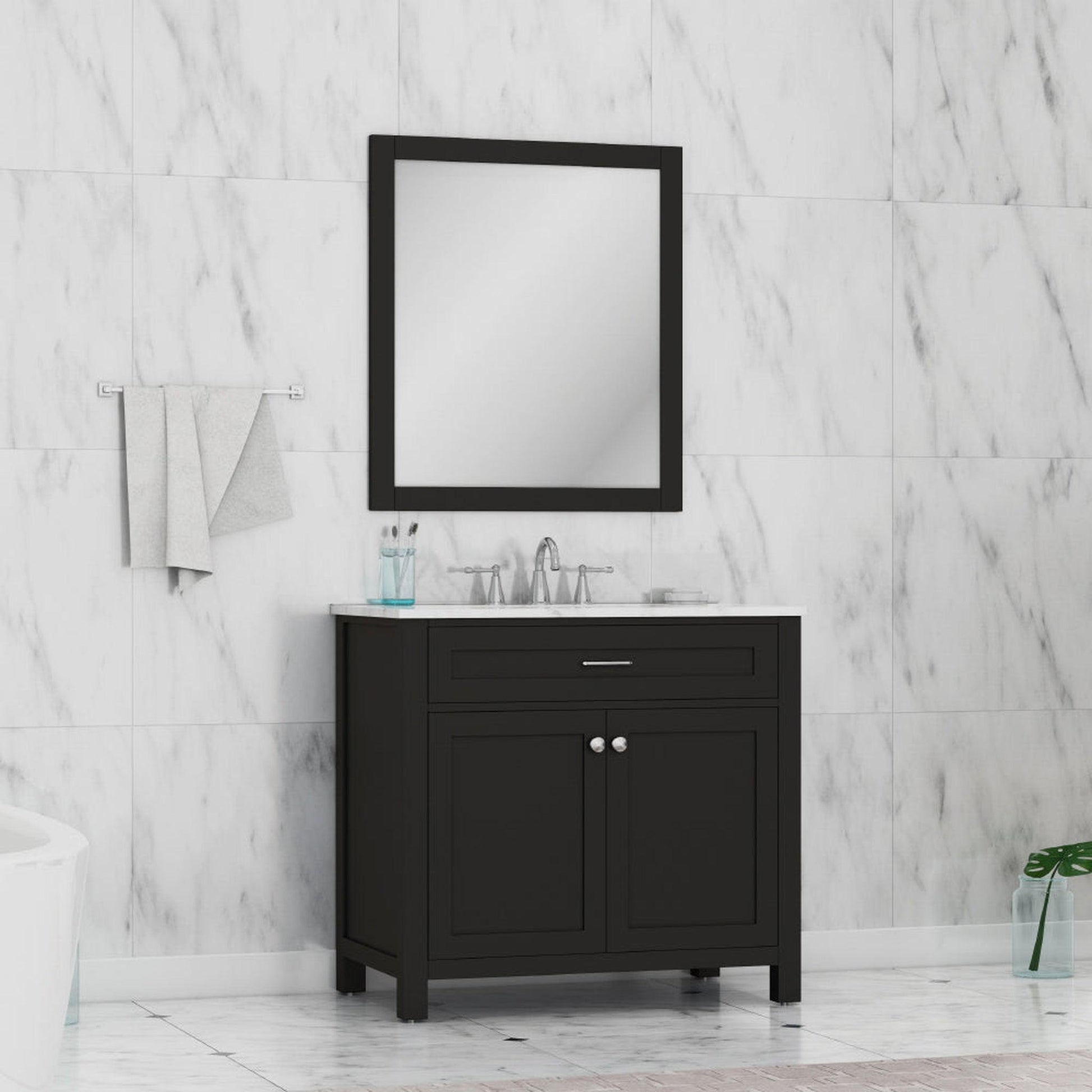 Alya Bath Norwalk 36" Single Espresso Freestanding Bathroom Vanity With Carrara Marble Top, Ceramic Sink and Wall Mounted Mirror