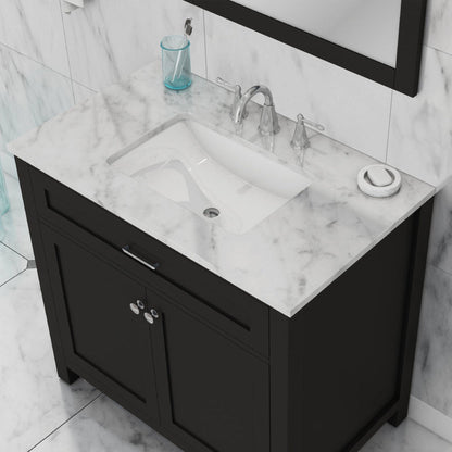 Alya Bath Norwalk 36" Single Espresso Freestanding Bathroom Vanity With Carrara Marble Top, Ceramic Sink and Wall Mounted Mirror