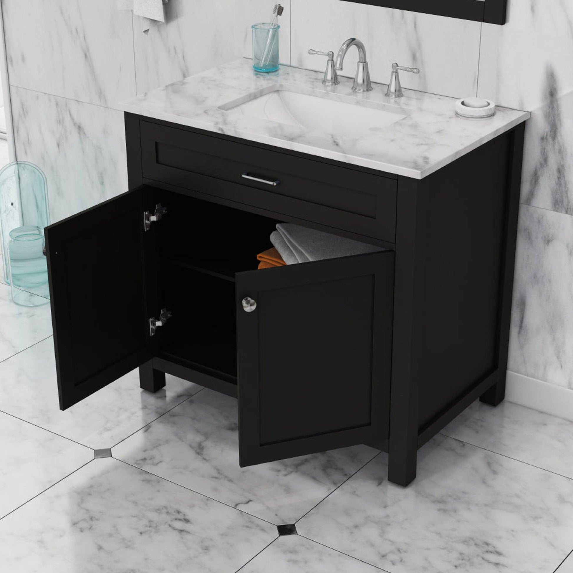 Alya Bath Norwalk 36" Single Espresso Freestanding Bathroom Vanity With Carrara Marble Top, Ceramic Sink and Wall Mounted Mirror