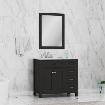 Alya Bath Norwalk 36" Single Espresso Freestanding Bathroom Vanity With Drawers, Carrara Marble Top, Ceramic Sink and Wall Mounted Mirror