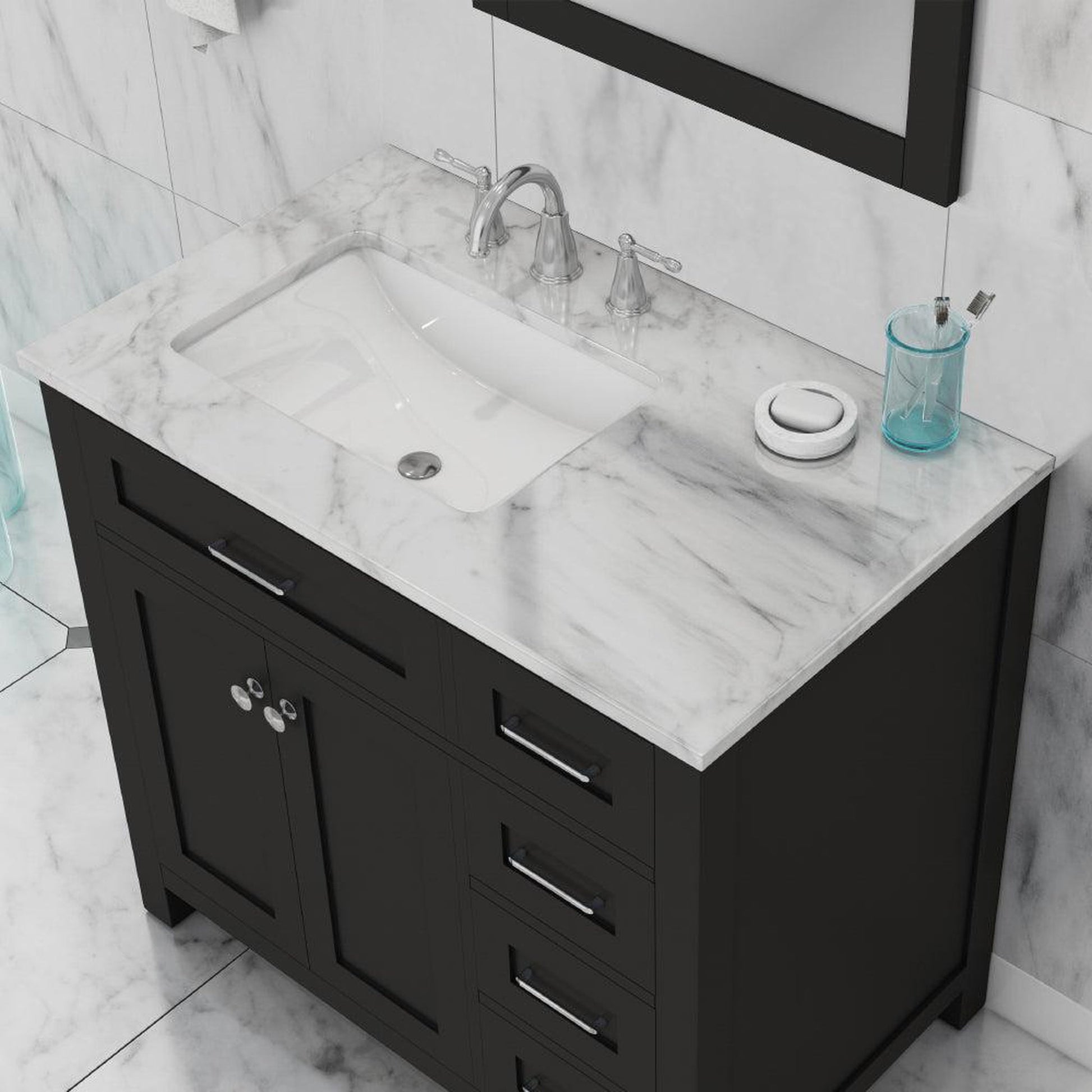 Alya Bath Norwalk 36" Single Espresso Freestanding Bathroom Vanity With Drawers, Carrara Marble Top, Ceramic Sink and Wall Mounted Mirror