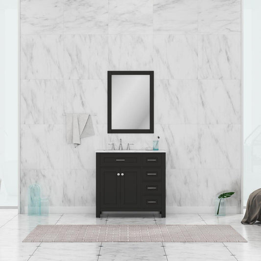 Alya Bath Norwalk 36" Single Espresso Freestanding Bathroom Vanity With Drawers, Carrara Marble Top, Ceramic Sink and Wall Mounted Mirror