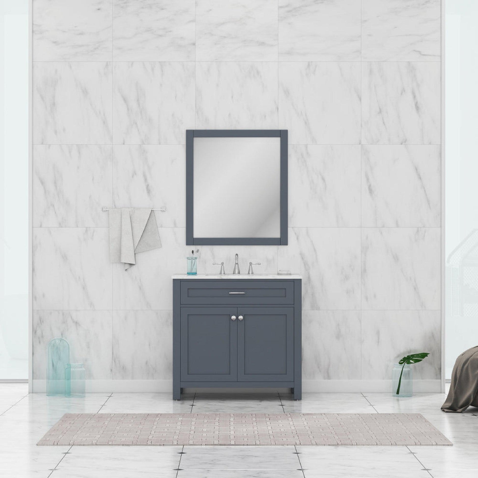 Alya Bath Norwalk 36" Single Gray Freestanding Bathroom Vanity With Carrara Marble Top, Ceramic Sink and Wall Mounted Mirror