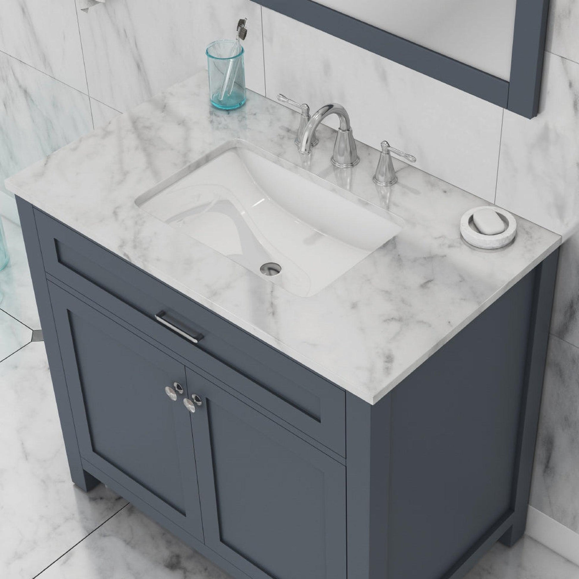 Alya Bath Norwalk 36" Single Gray Freestanding Bathroom Vanity With Carrara Marble Top, Ceramic Sink and Wall Mounted Mirror