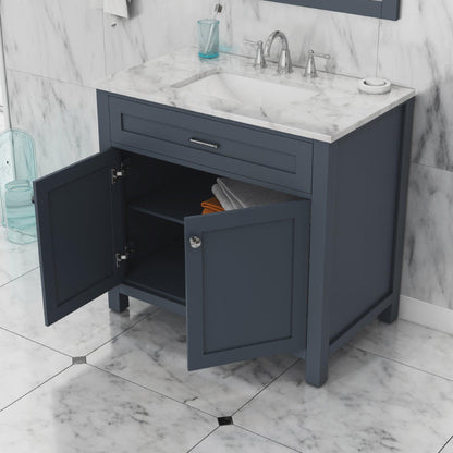 Alya Bath Norwalk 36" Single Gray Freestanding Bathroom Vanity With Carrara Marble Top, Ceramic Sink and Wall Mounted Mirror