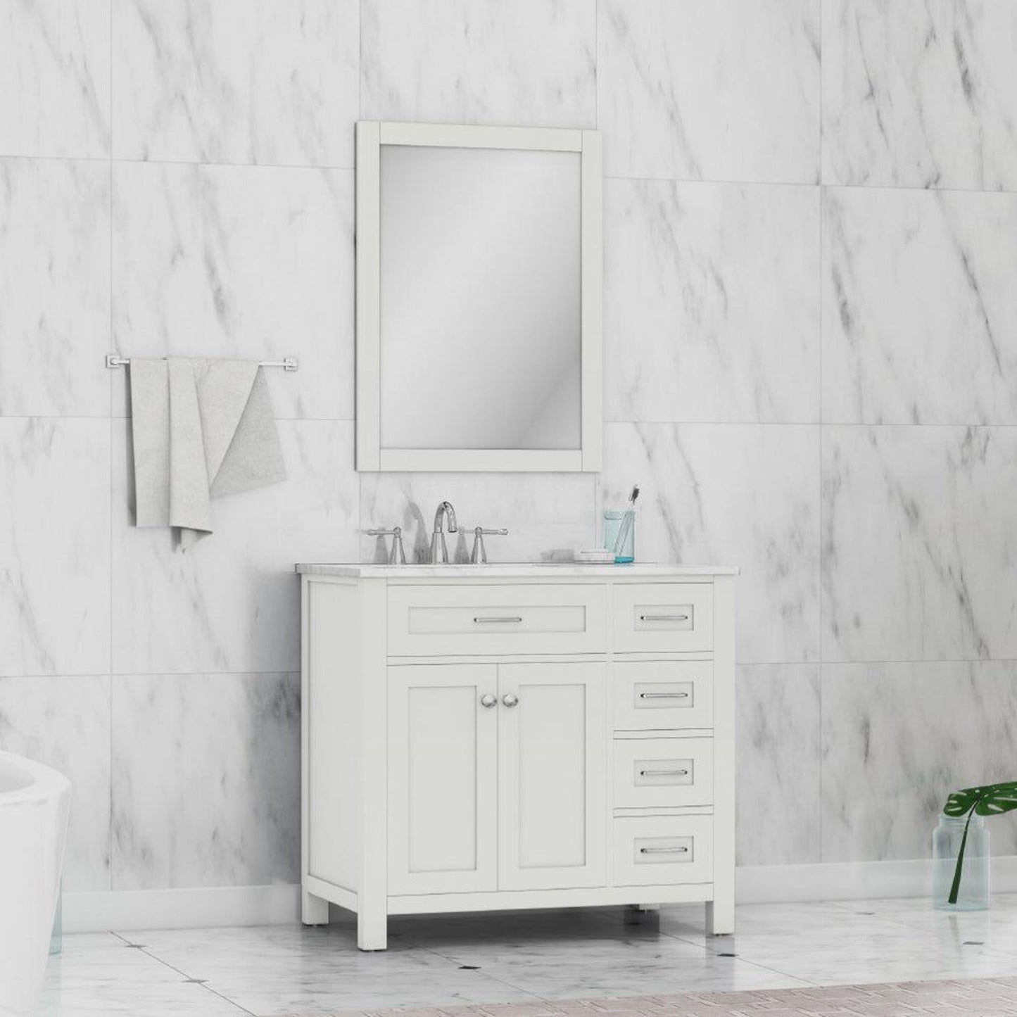 Alya Bath Norwalk 36" Single White Freestanding Bathroom Vanity With Drawers, Carrara Marble Top and Ceramic Sink and Wall Mounted Mirror