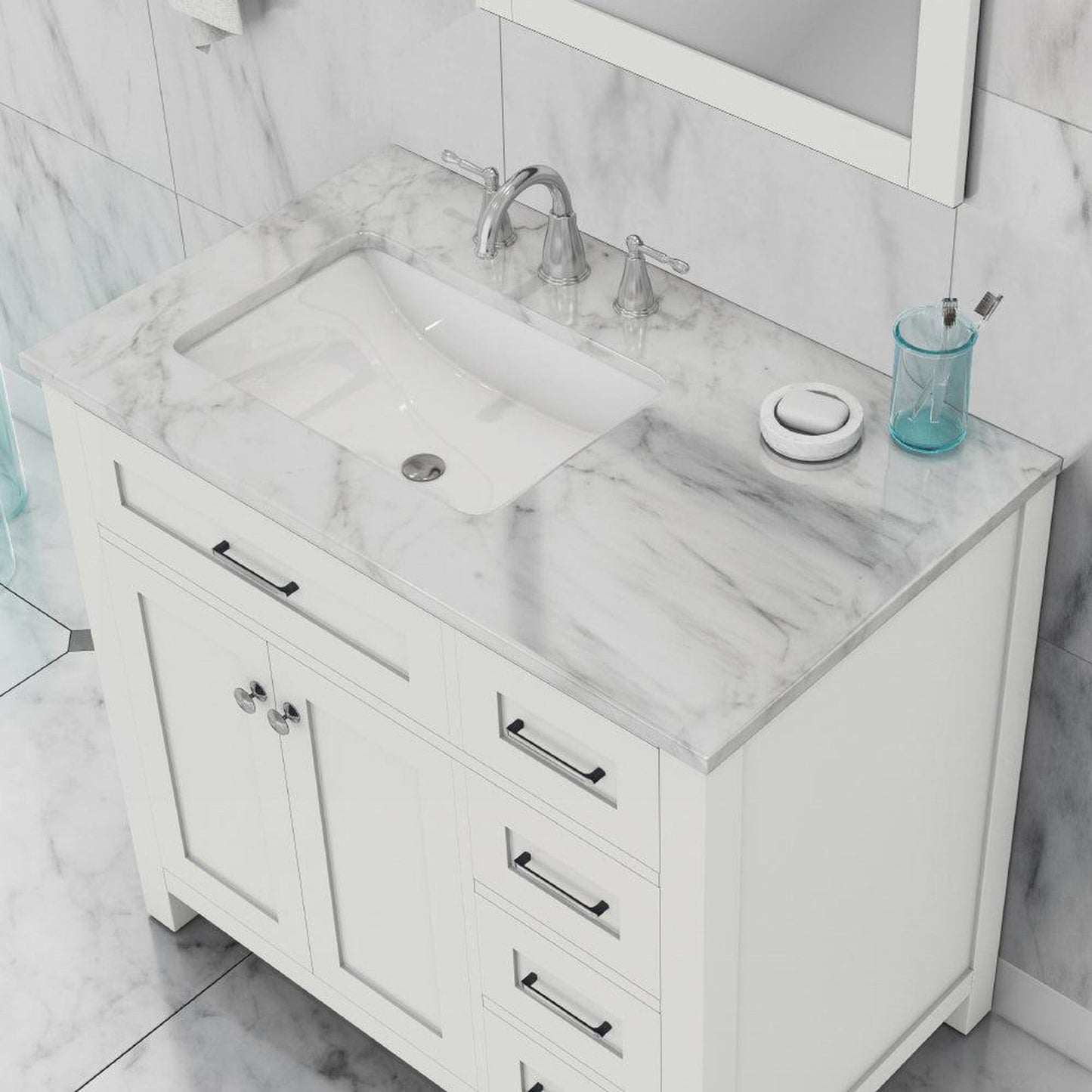 Alya Bath Norwalk 36" Single White Freestanding Bathroom Vanity With Drawers, Carrara Marble Top and Ceramic Sink and Wall Mounted Mirror