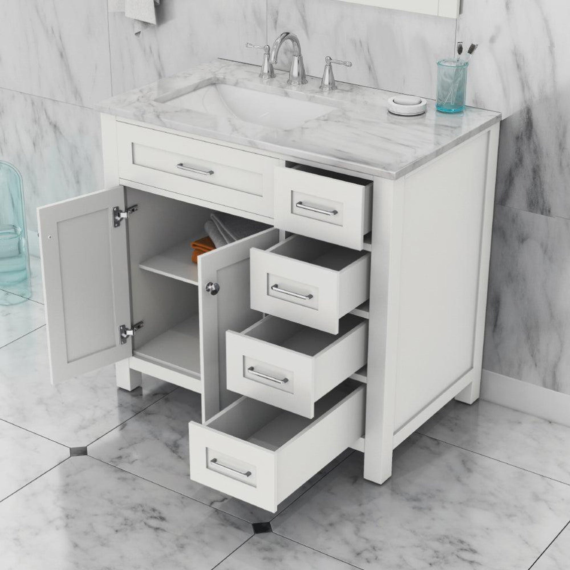 Alya Bath Norwalk 36" Single White Freestanding Bathroom Vanity With Drawers, Carrara Marble Top and Ceramic Sink and Wall Mounted Mirror