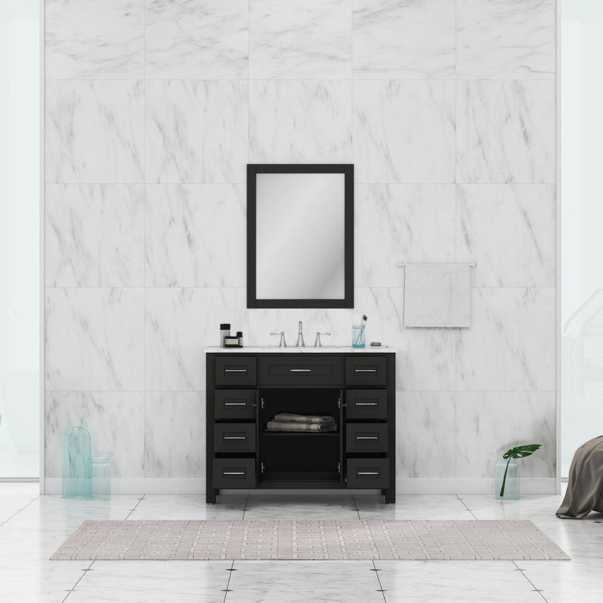 Alya Bath Norwalk 42" Single Espresso Freestanding Bathroom Vanity With Carrara Marble Top, Ceramic Sink and Wall Mounted Mirror