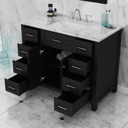 Alya Bath Norwalk 42" Single Espresso Freestanding Bathroom Vanity With Carrara Marble Top, Ceramic Sink and Wall Mounted Mirror