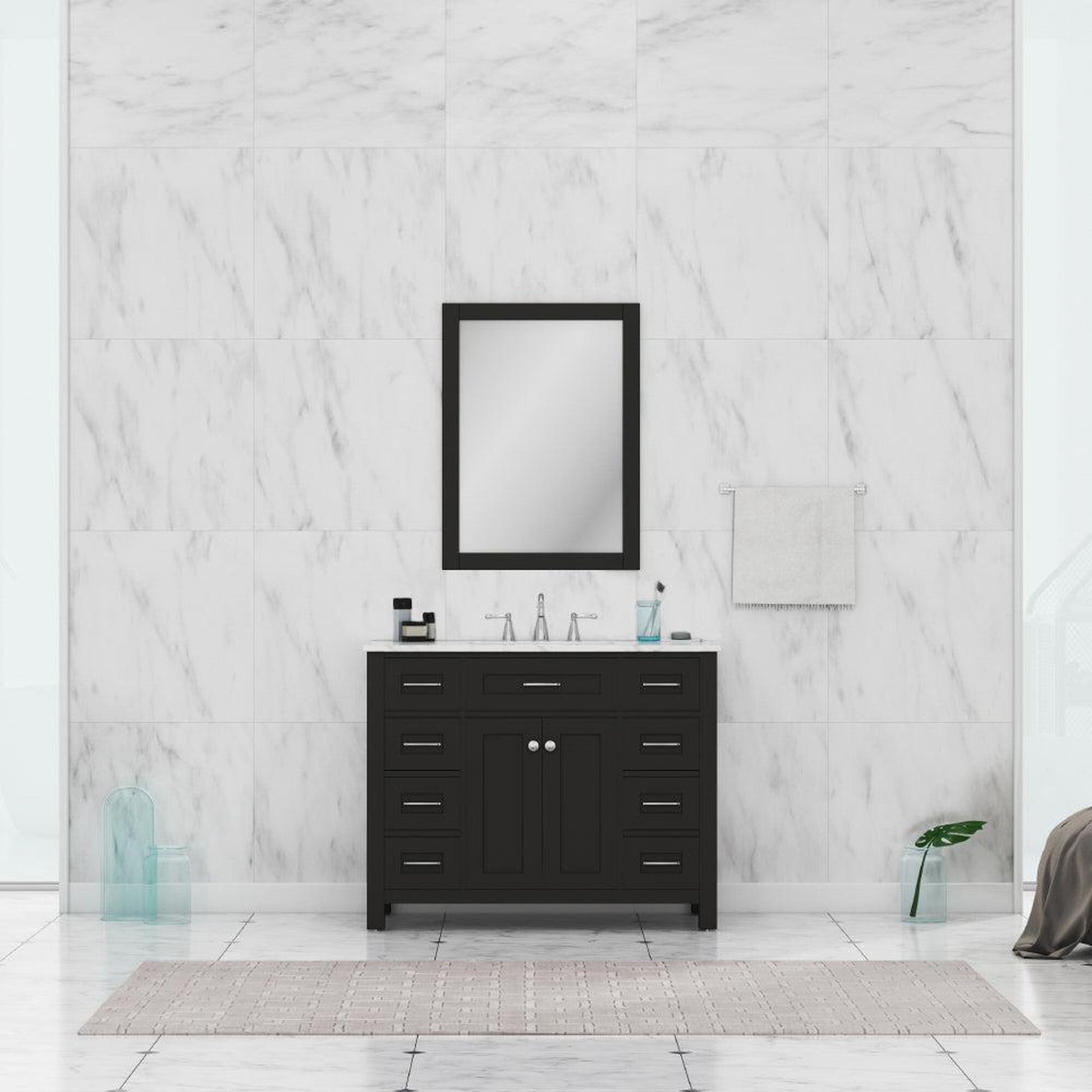 Alya Bath Norwalk 42" Single Espresso Freestanding Bathroom Vanity With Carrara Marble Top, Ceramic Sink and Wall Mounted Mirror