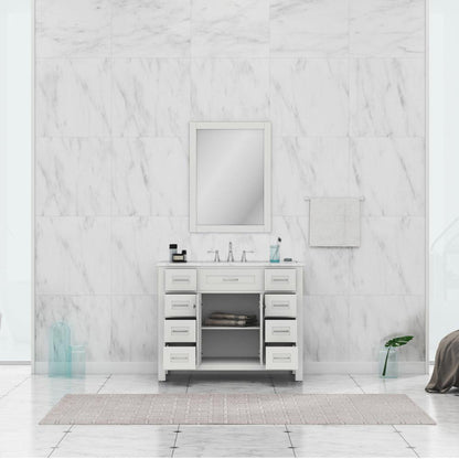 Alya Bath Norwalk 42" Single White Freestanding Bathroom Vanity With Carrara Marble Top, Ceramic Sink and Wall Mounted Mirror