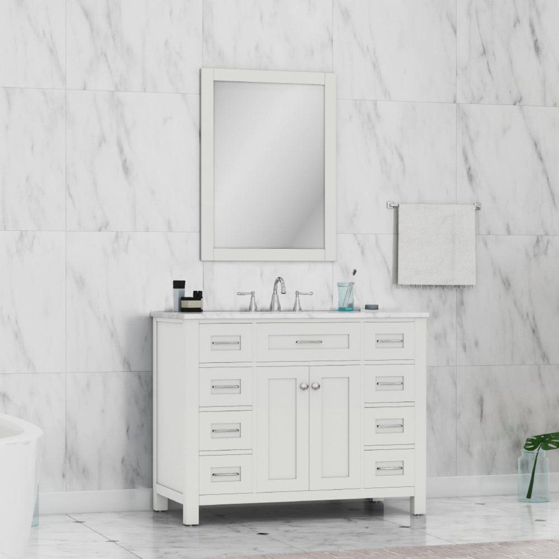 Alya Bath Norwalk 42" Single White Freestanding Bathroom Vanity With Carrara Marble Top, Ceramic Sink and Wall Mounted Mirror