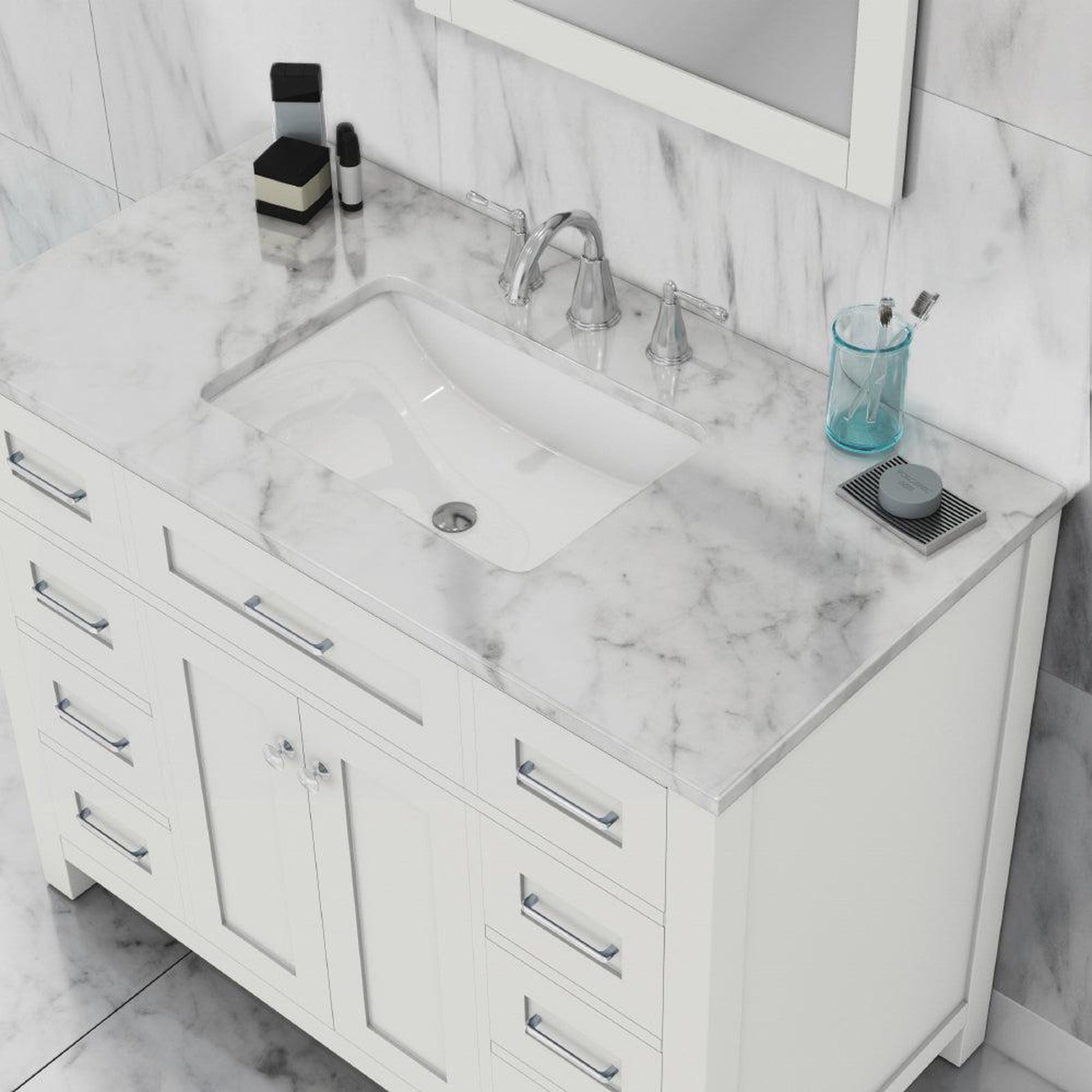 Alya Bath Norwalk 42" Single White Freestanding Bathroom Vanity With Carrara Marble Top, Ceramic Sink and Wall Mounted Mirror