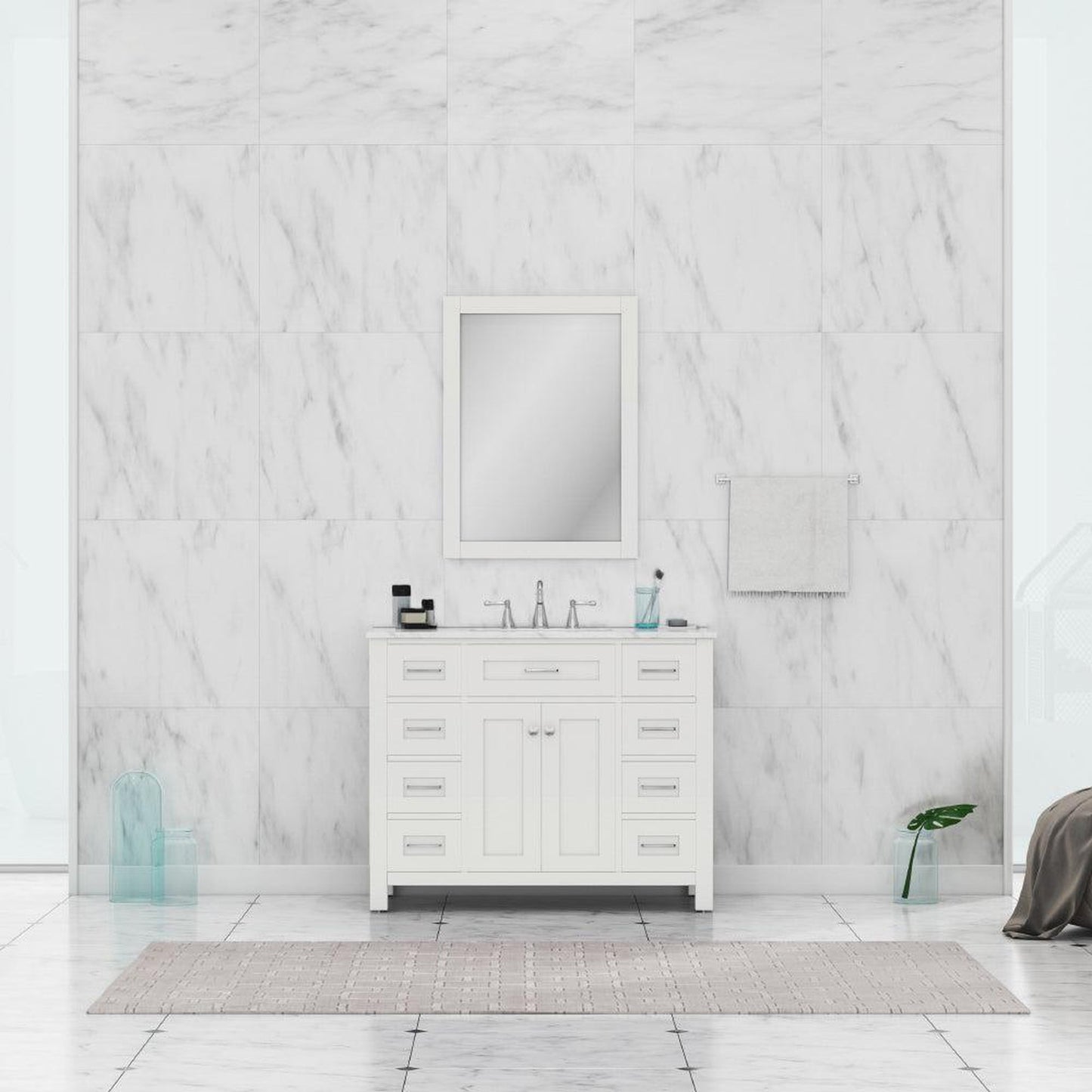 Alya Bath Norwalk 42" Single White Freestanding Bathroom Vanity With Carrara Marble Top, Ceramic Sink and Wall Mounted Mirror