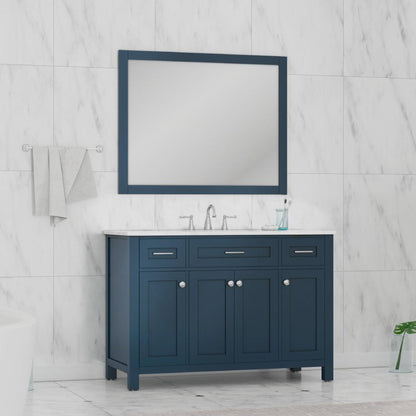 Alya Bath Norwalk 48" Single Blue Freestanding Bathroom Vanity With Carrara Marble Top, Ceramic Sink and Wall Mounted Mirror