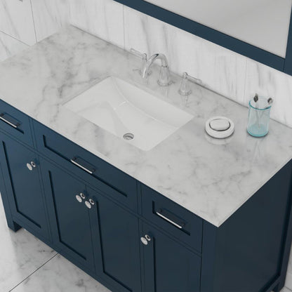 Alya Bath Norwalk 48" Single Blue Freestanding Bathroom Vanity With Carrara Marble Top, Ceramic Sink and Wall Mounted Mirror