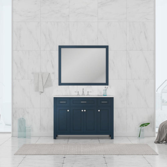 Alya Bath Norwalk 48" Single Blue Freestanding Bathroom Vanity With Carrara Marble Top, Ceramic Sink and Wall Mounted Mirror