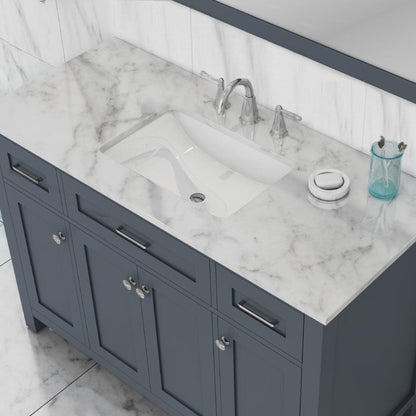 Alya Bath Norwalk 48" Single Gray Freestanding Bathroom Vanity With Carrara Marble Top, Ceramic Sink and Wall Mounted Mirror