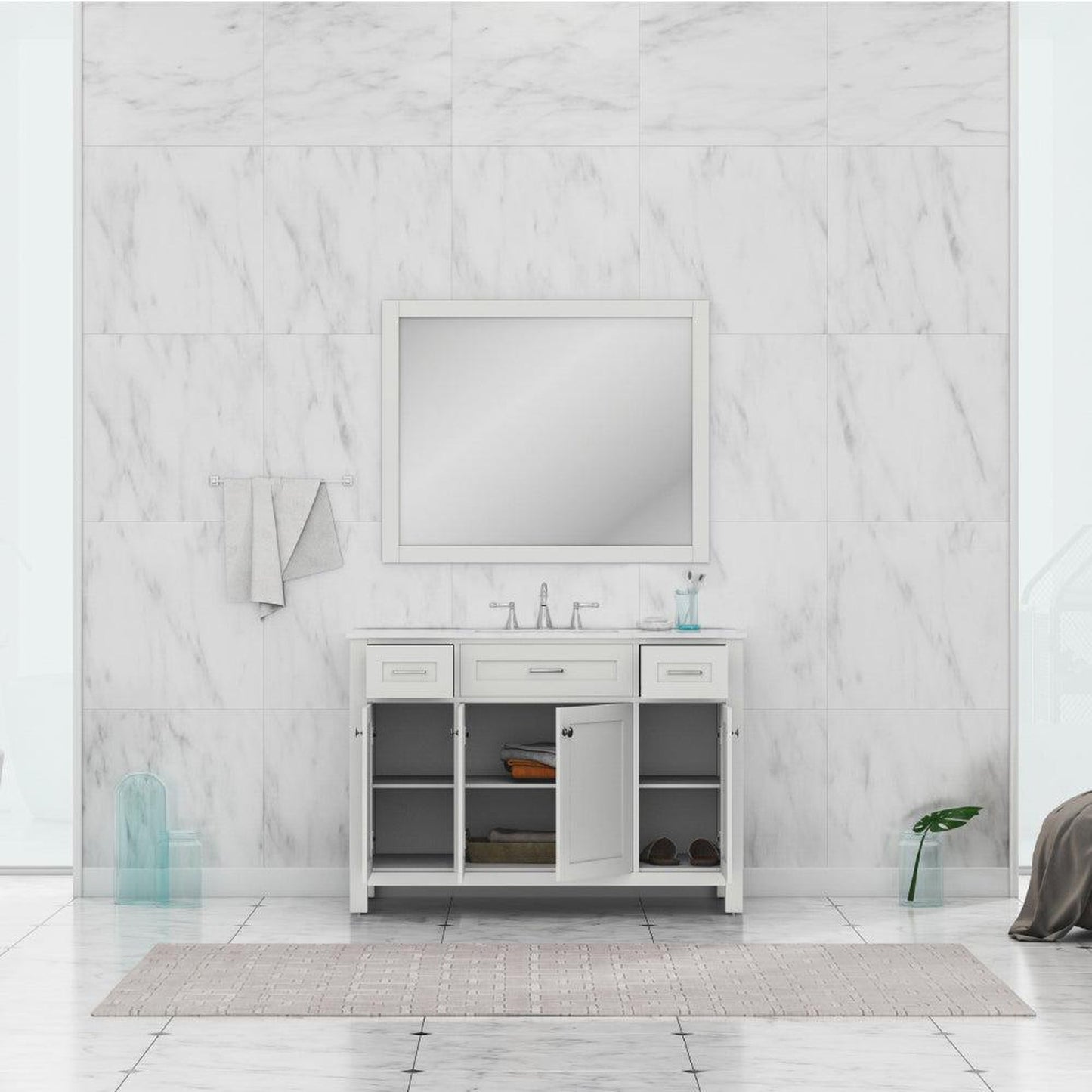 Alya Bath Norwalk 48" Single White Freestanding Bathroom Vanity With Carrara Marble Top, Ceramic Sink and Wall Mounted Mirror