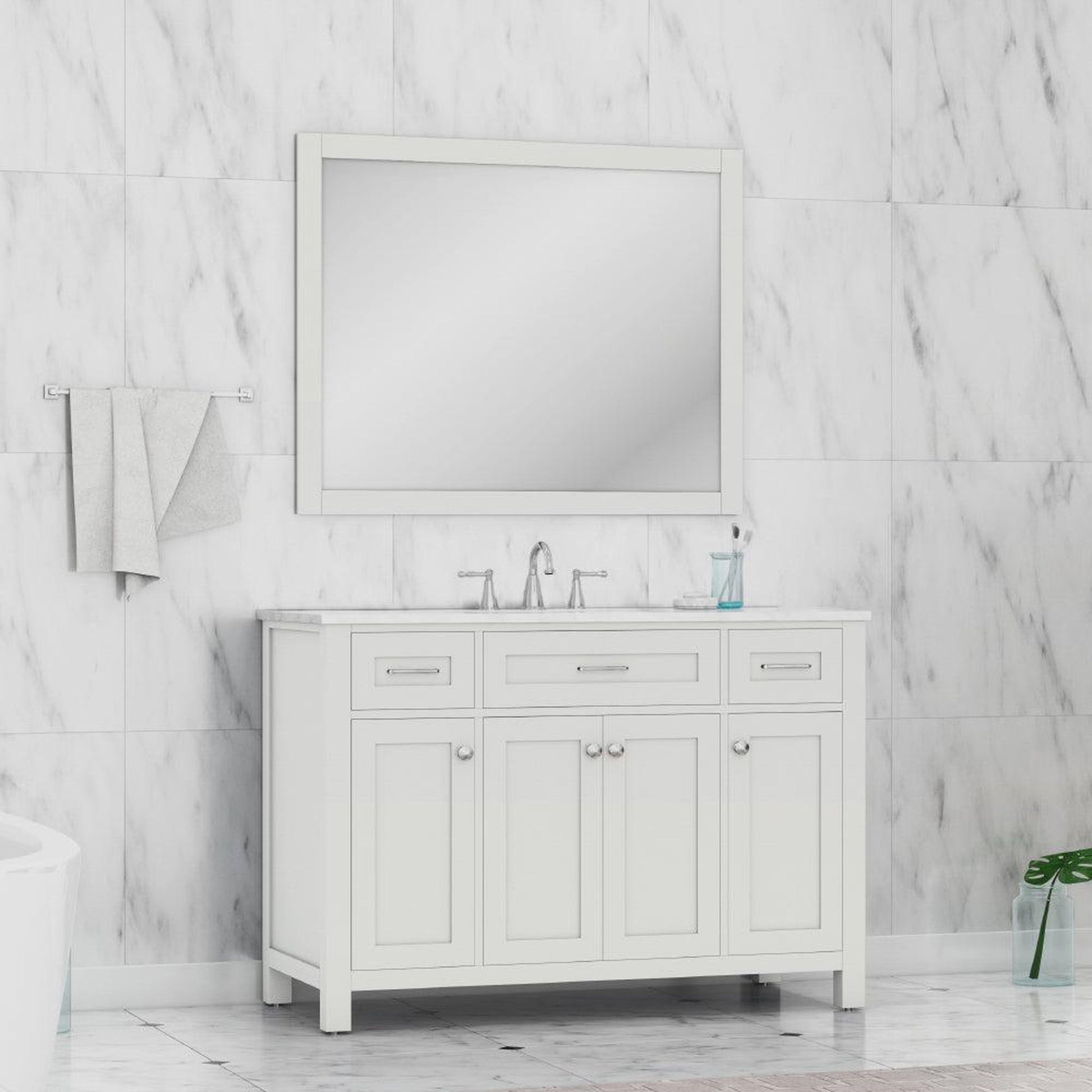 Alya Bath Norwalk 48" Single White Freestanding Bathroom Vanity With Carrara Marble Top, Ceramic Sink and Wall Mounted Mirror