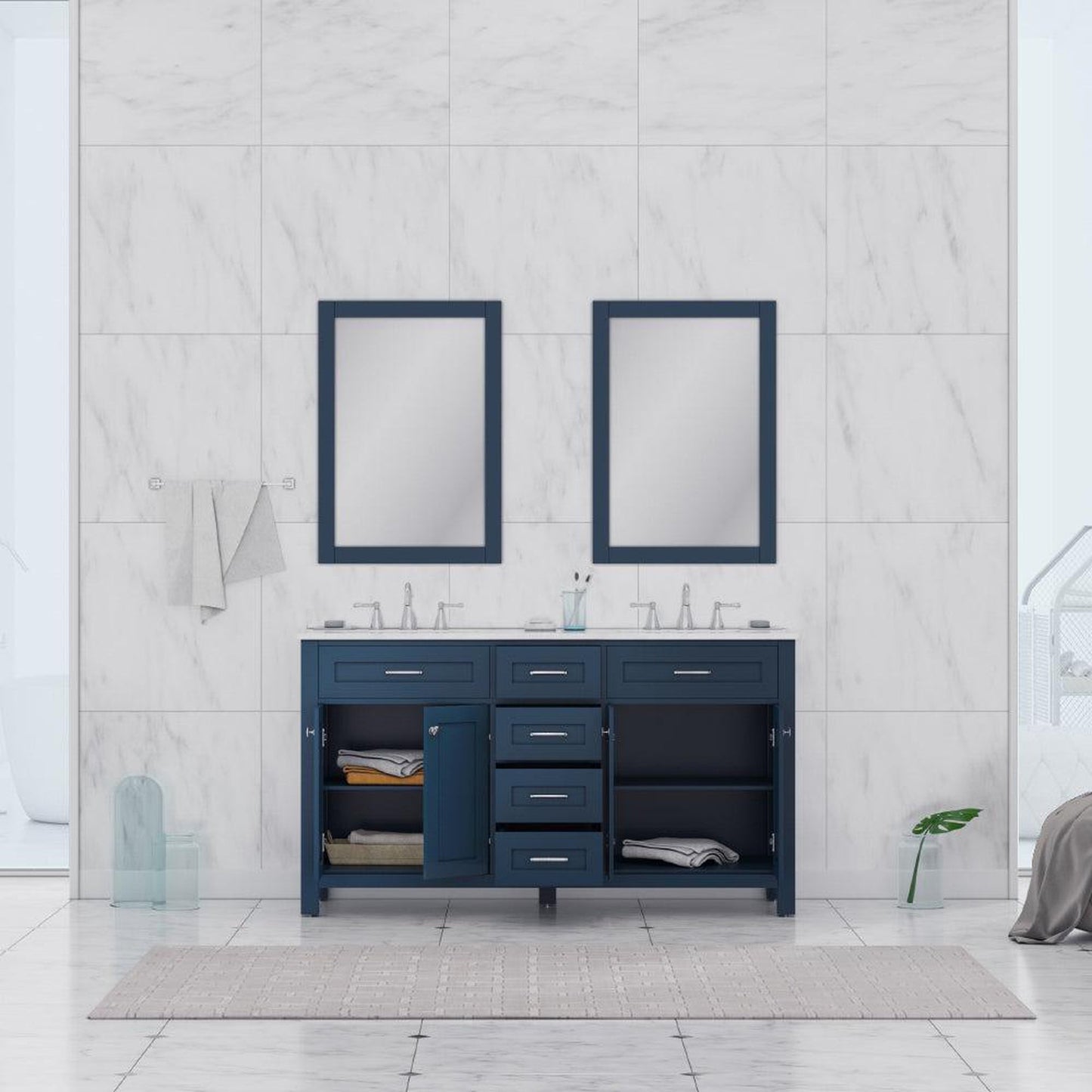 Alya Bath Norwalk 60" Double Blue Freestanding Bathroom Vanity With Carrara Marble Top, Ceramic Sinks and Two Mirrors