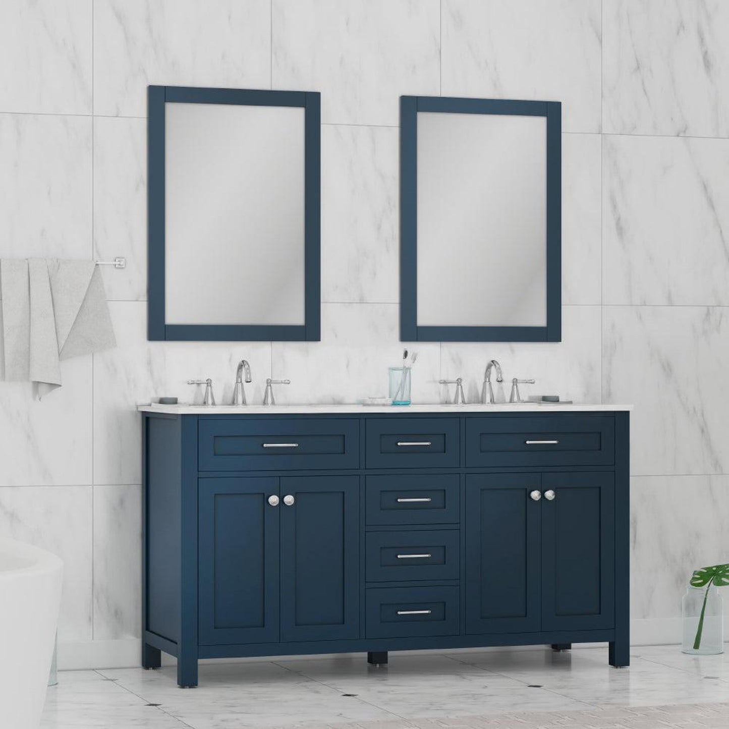 Alya Bath Norwalk 60" Double Blue Freestanding Bathroom Vanity With Carrara Marble Top, Ceramic Sinks and Two Mirrors