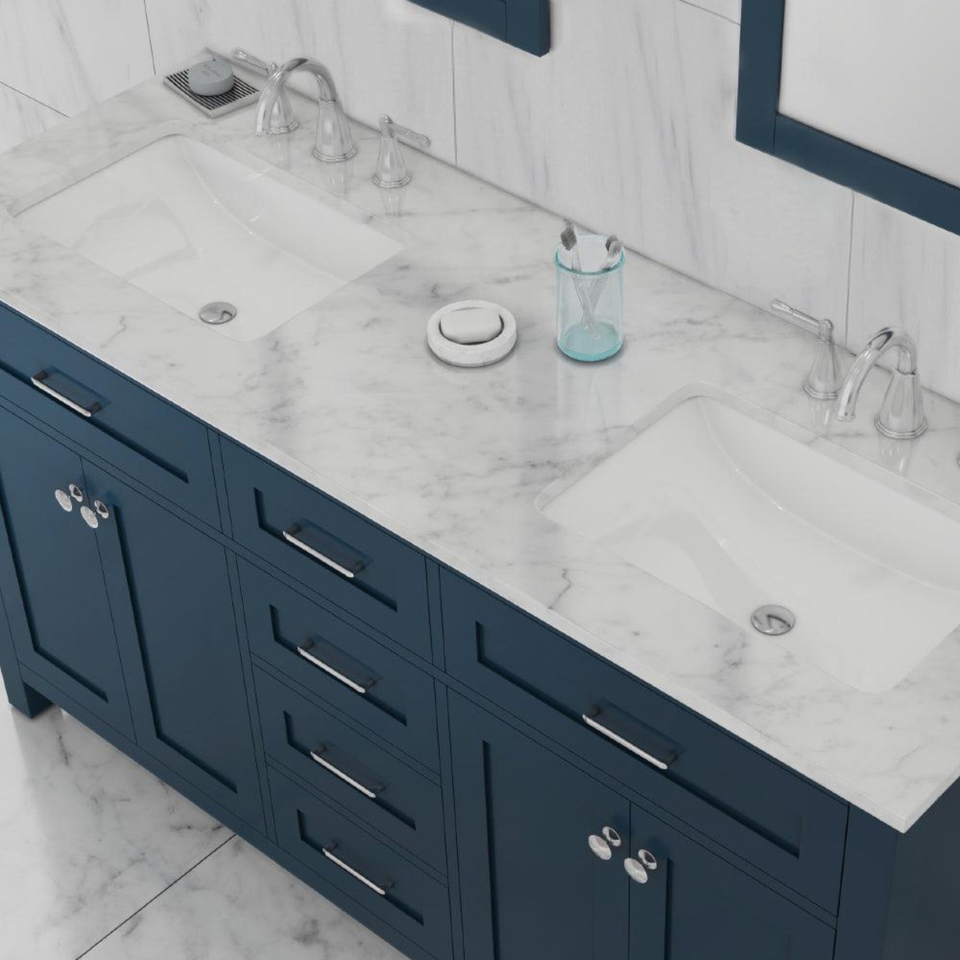 Alya Bath Norwalk 60" Double Blue Freestanding Bathroom Vanity With Carrara Marble Top, Ceramic Sinks and Two Mirrors