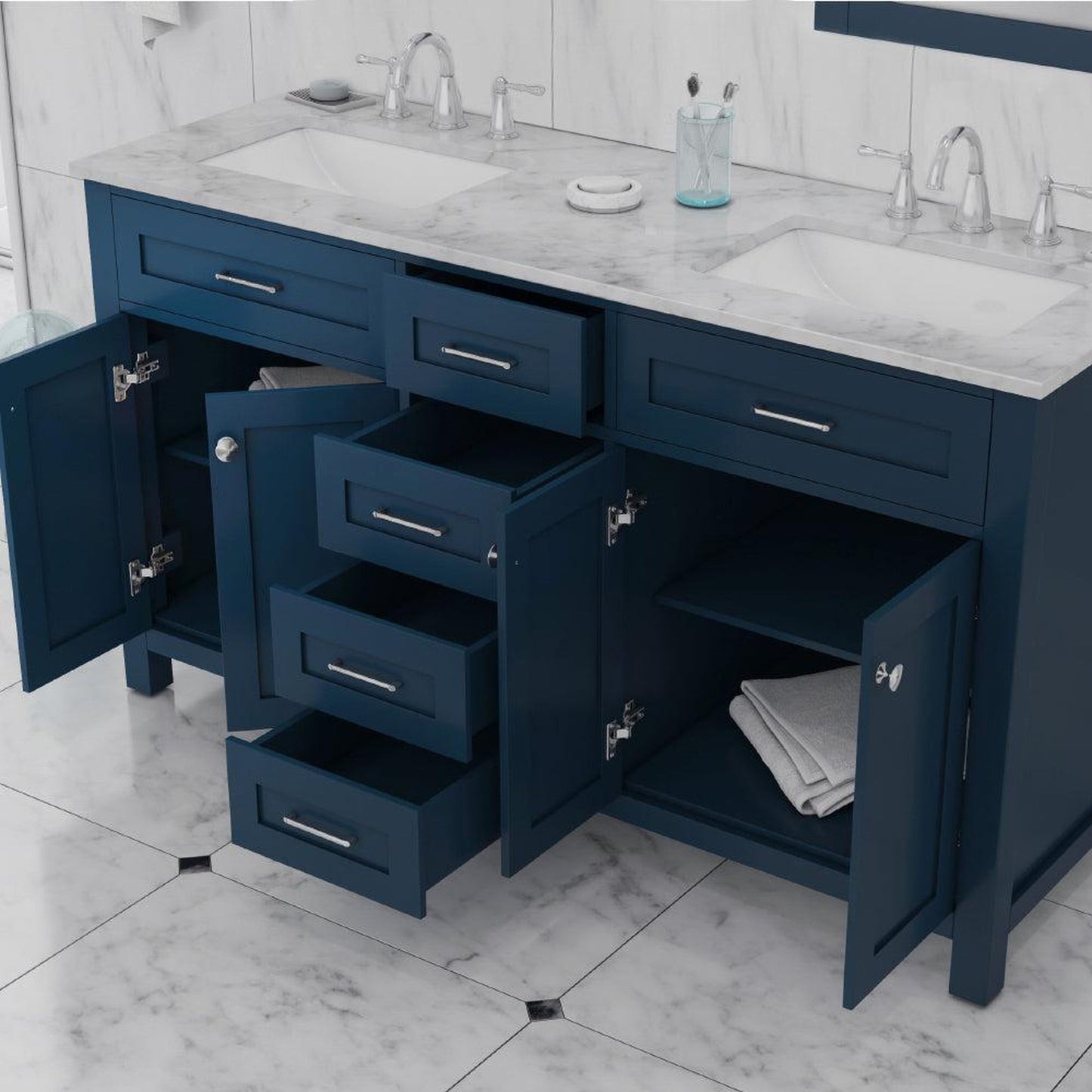 Alya Bath Norwalk 60" Double Blue Freestanding Bathroom Vanity With Carrara Marble Top, Ceramic Sinks and Two Mirrors