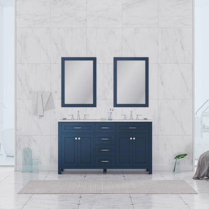 Alya Bath Norwalk 60" Double Blue Freestanding Bathroom Vanity With Carrara Marble Top, Ceramic Sinks and Two Mirrors