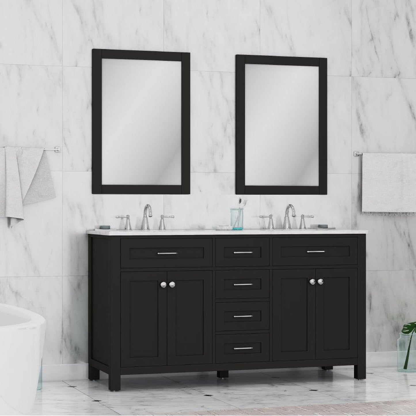 Alya Bath Norwalk 60" Double Espresso Freestanding Bathroom Vanity With Carrara Marble Top, Ceramic Sinks and Two Mirrors