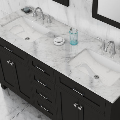 Alya Bath Norwalk 60" Double Espresso Freestanding Bathroom Vanity With Carrara Marble Top, Ceramic Sinks and Two Mirrors