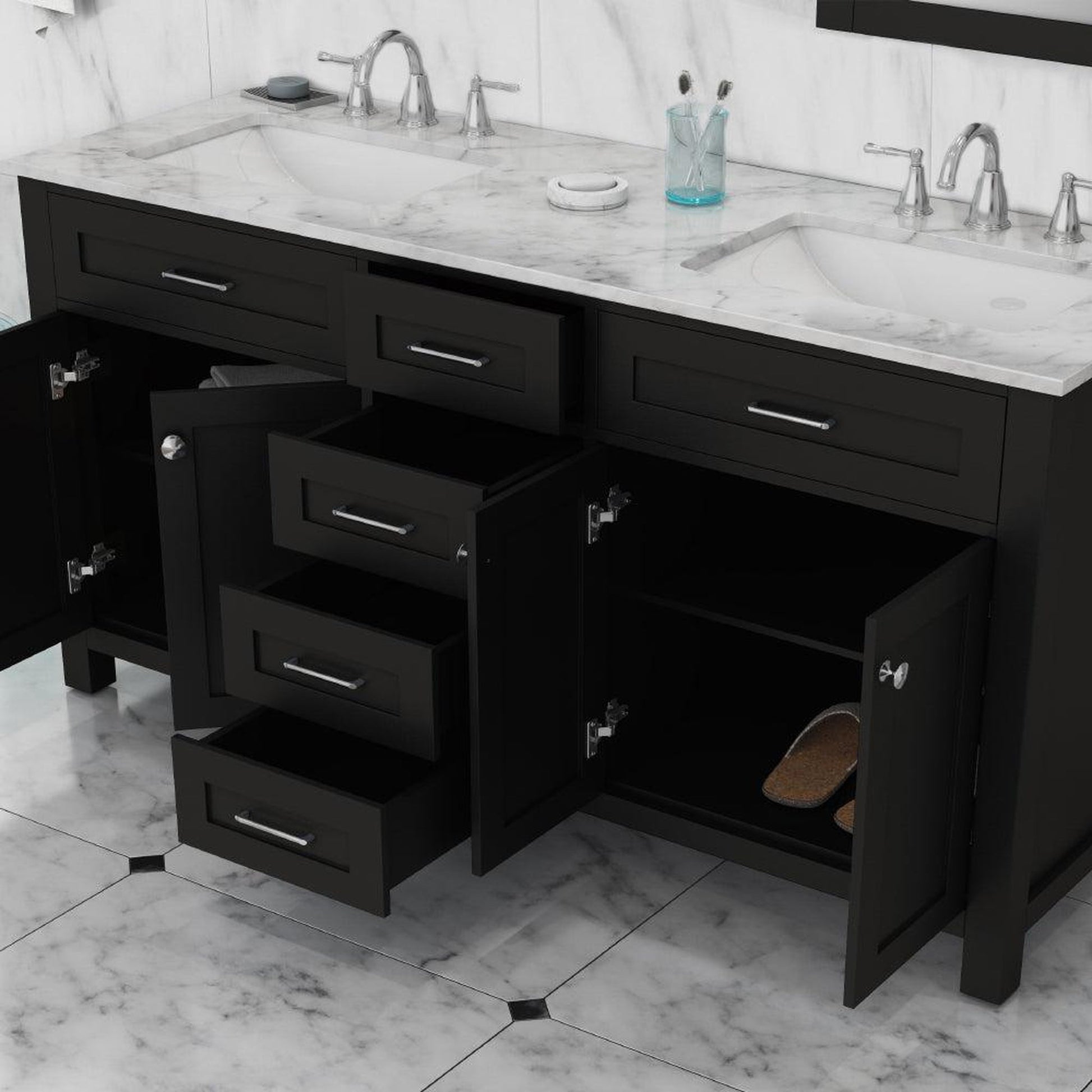 Alya Bath Norwalk 60" Double Espresso Freestanding Bathroom Vanity With Carrara Marble Top, Ceramic Sinks and Two Mirrors