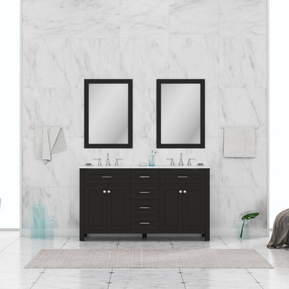 Alya Bath Norwalk 60" Double Espresso Freestanding Bathroom Vanity With Carrara Marble Top, Ceramic Sinks and Two Mirrors