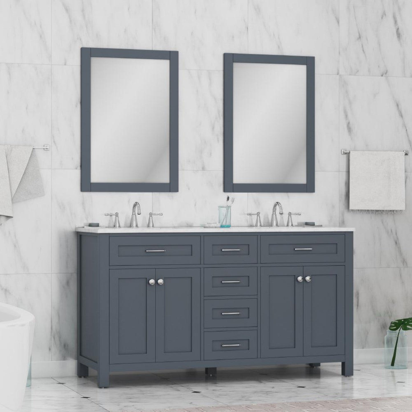 Alya Bath Norwalk 60" Double Gray Freestanding Bathroom Vanity With Carrara Marble Top, Ceramic Sinks and Two Mirrors