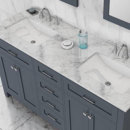 Alya Bath Norwalk 60" Double Gray Freestanding Bathroom Vanity With Carrara Marble Top, Ceramic Sinks and Two Mirrors