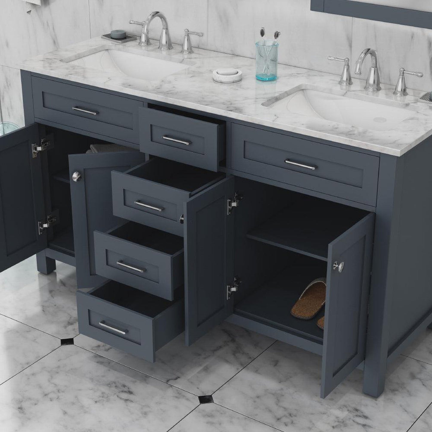 Alya Bath Norwalk 60" Double Gray Freestanding Bathroom Vanity With Carrara Marble Top, Ceramic Sinks and Two Mirrors