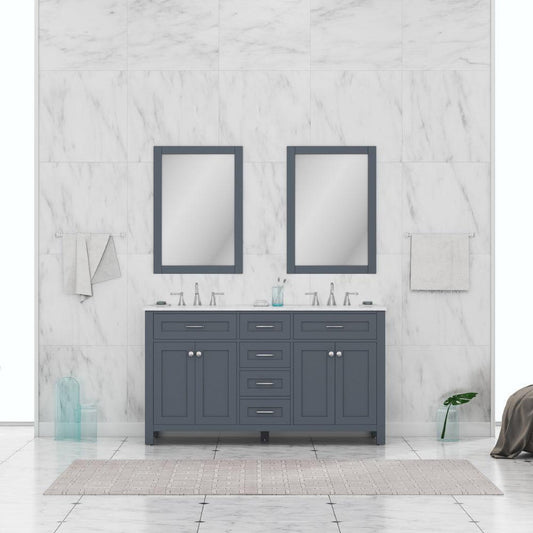 Alya Bath Norwalk 60" Double Gray Freestanding Bathroom Vanity With Carrara Marble Top, Ceramic Sinks and Two Mirrors