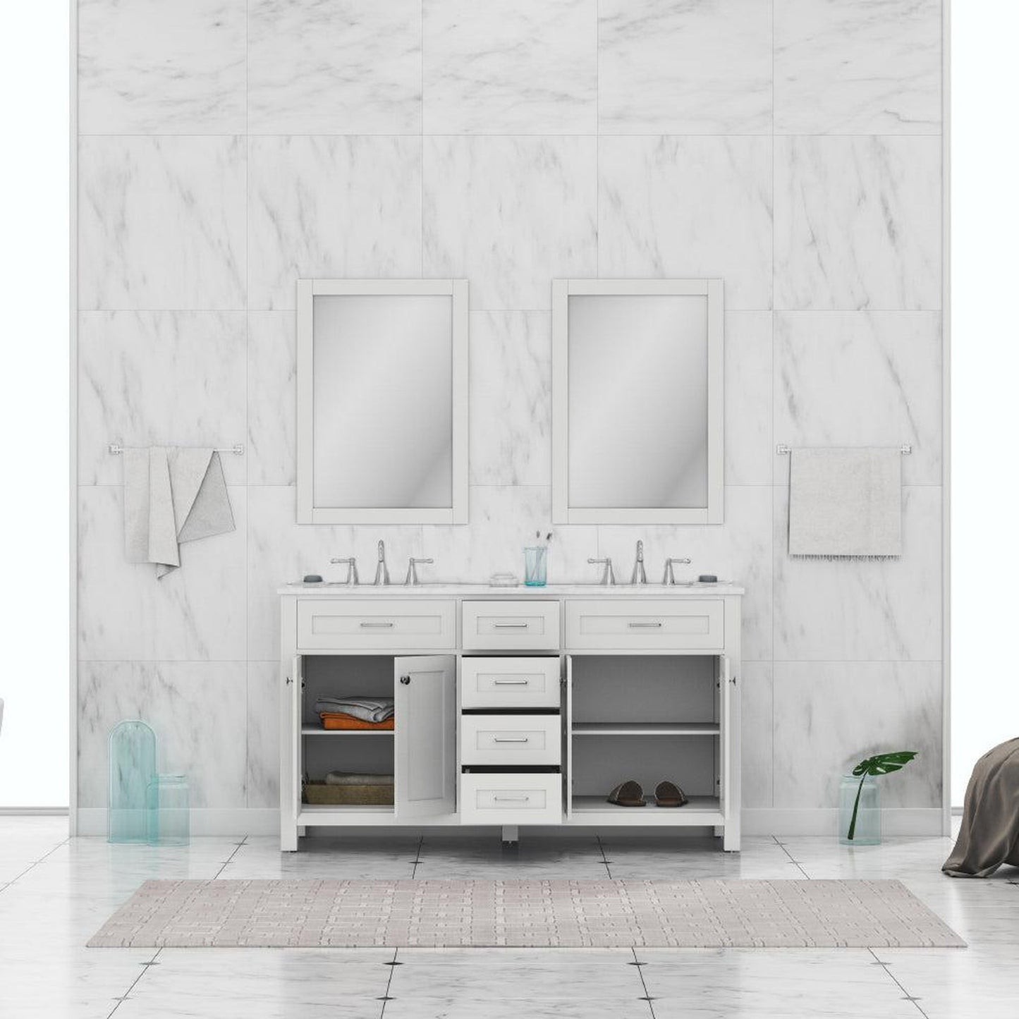 Alya Bath Norwalk 60" Double White Freestanding Bathroom Vanity With Carrara Marble Top, Ceramic Sink and Two Mirrors