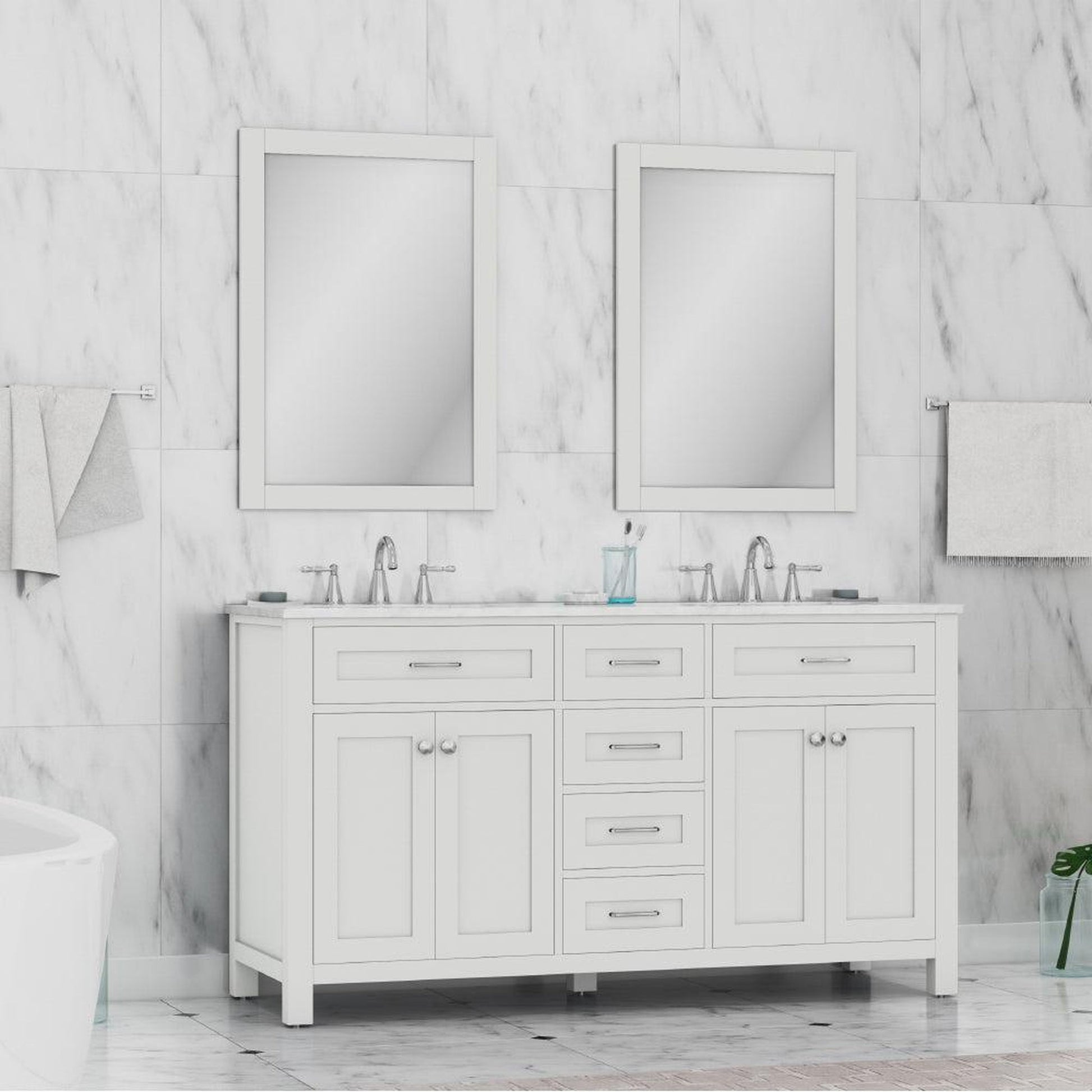 Alya Bath Norwalk 60" Double White Freestanding Bathroom Vanity With Carrara Marble Top, Ceramic Sink and Two Mirrors