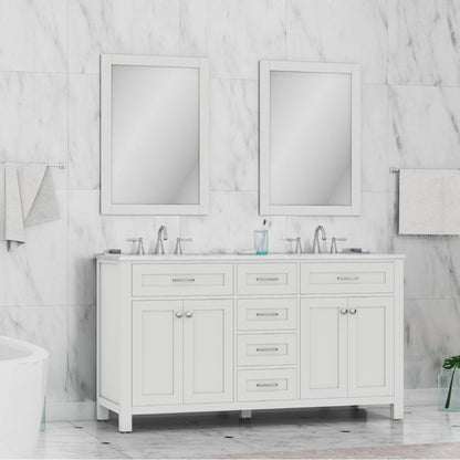 Alya Bath Norwalk 60" Double White Freestanding Bathroom Vanity With Carrara Marble Top, Ceramic Sink and Two Mirrors