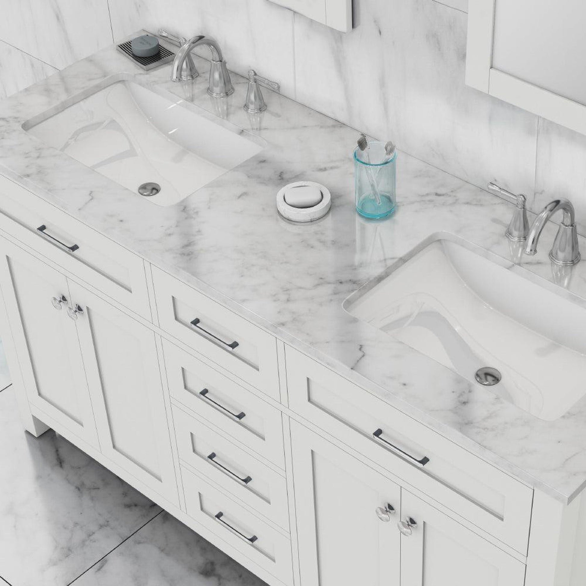 Alya Bath Norwalk 60" Double White Freestanding Bathroom Vanity With Carrara Marble Top, Ceramic Sink and Two Mirrors