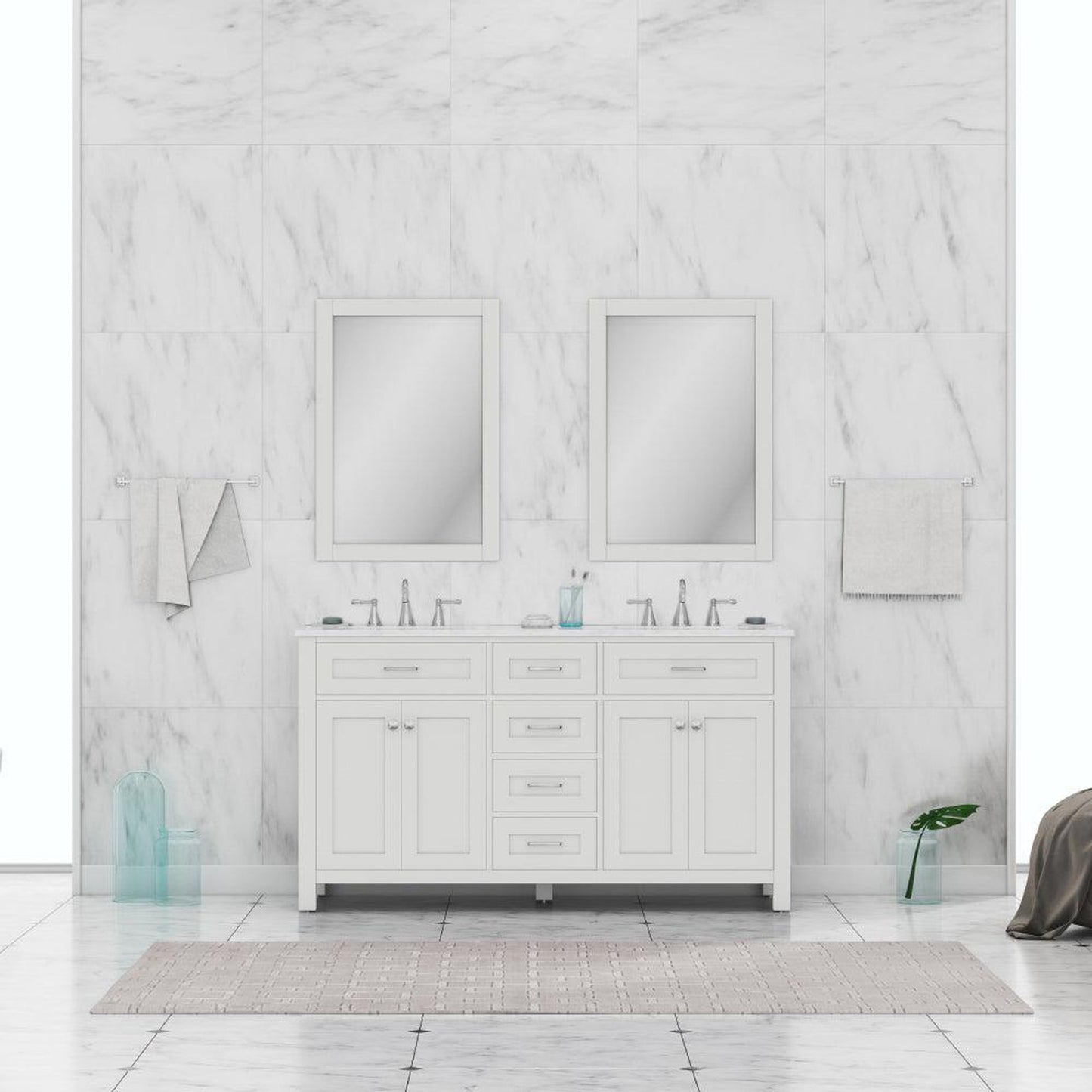 Alya Bath Norwalk 60" Double White Freestanding Bathroom Vanity With Carrara Marble Top, Ceramic Sink and Two Mirrors